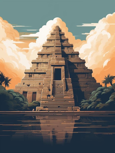 a painting of a temple with a palm tree in the background.