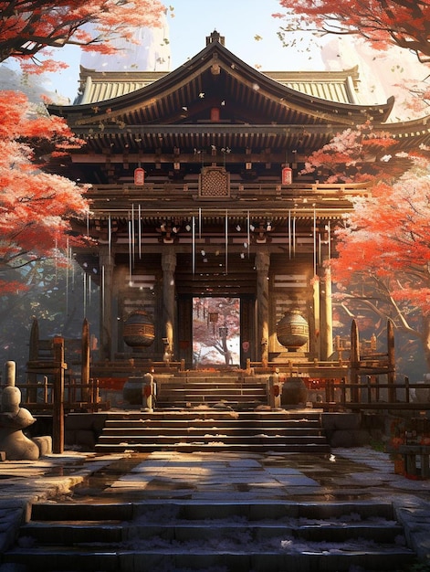 a painting of a temple with a red tree in the background.