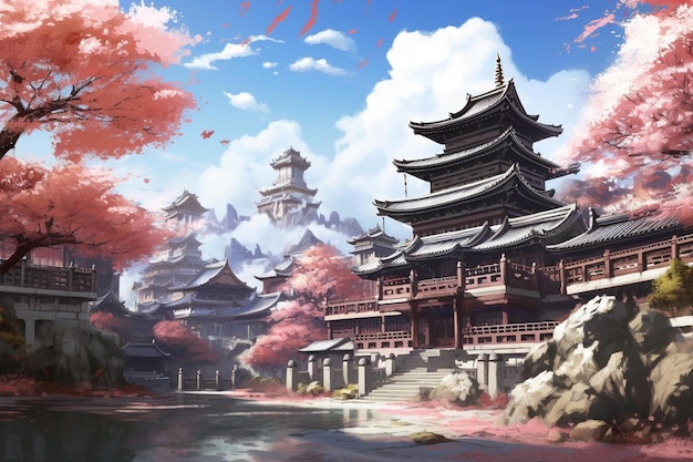 a painting of a temple with a red tree in the background.