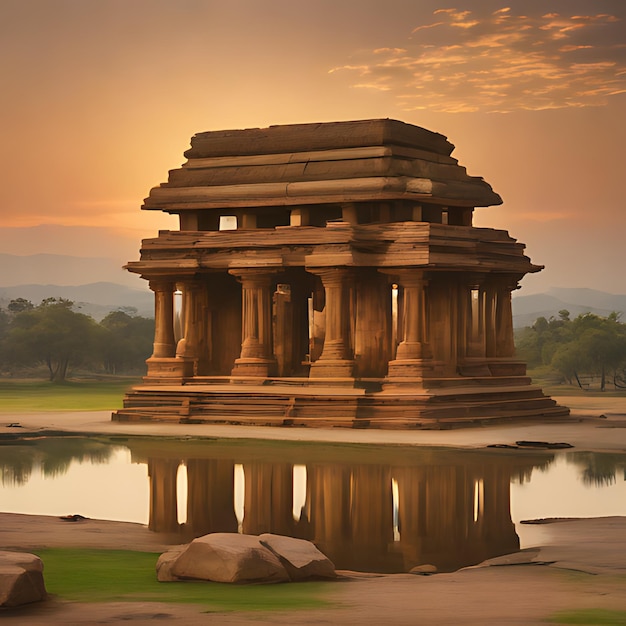 a painting of a temple with a sunset in the background