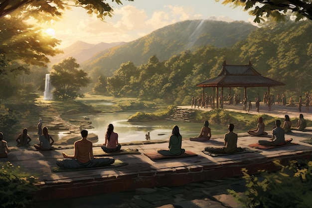 A painting of a temple with a sunset in the background