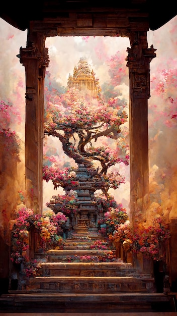 A painting of a temple with a tree in the middle