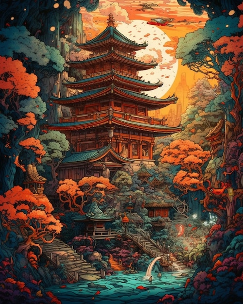 A painting of a temple with a waterfall in the background