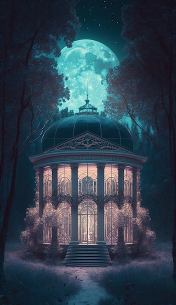 A painting of a temple in the woods