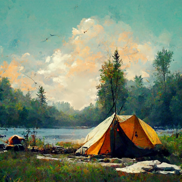 painting of a tent and a campfire in a field by a river generative ai