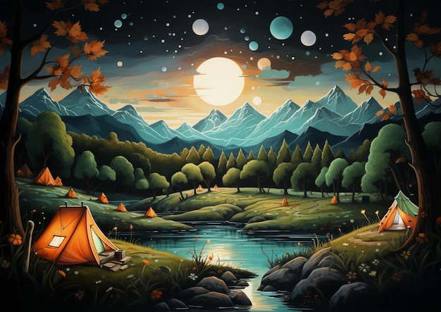 Painting of a tent and a campfire in a forest generative ai