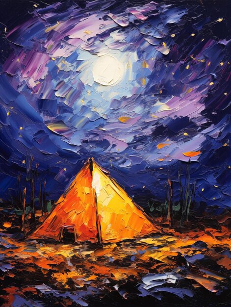 A painting of a tent under a night sky covered in stars