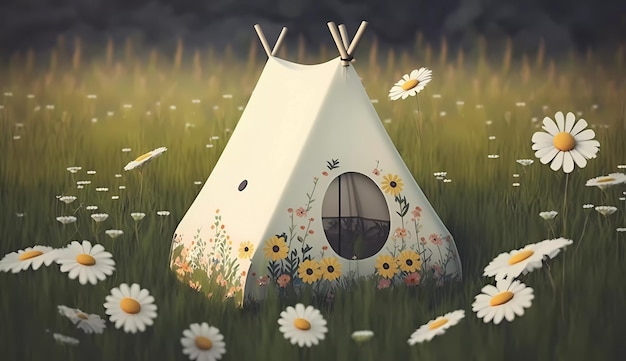 A painting of a tent with a floral pattern on it