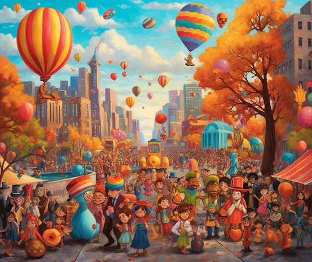 A painting of a thanksgiving parade with bright