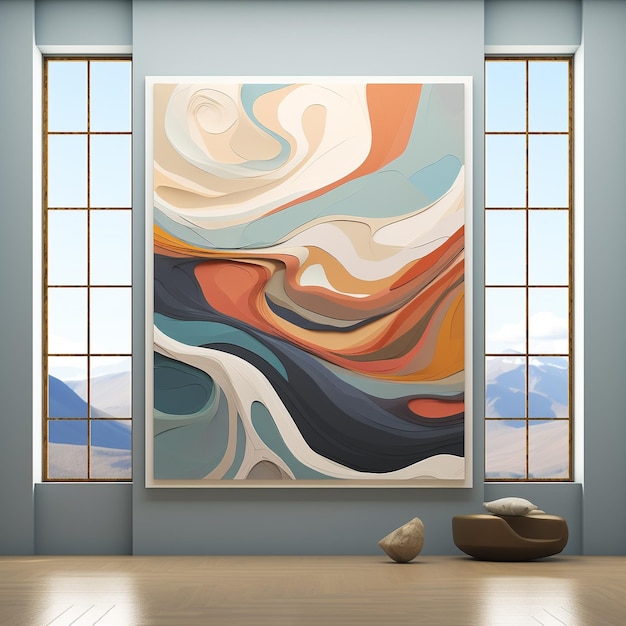 a painting that is on a wall with many windows