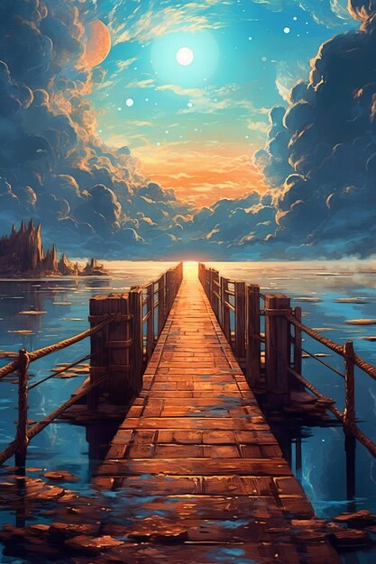 A painting that looks like it is a bridge going to the middle of a lake in the style of anime detail