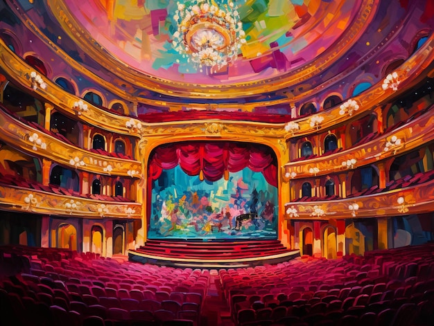 Foto dipinto di un teatro con un palco e un lampadario generativo ai