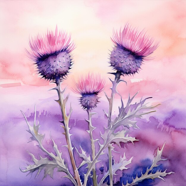 Painting of a thistle plant with pink flowers in a field generative ai