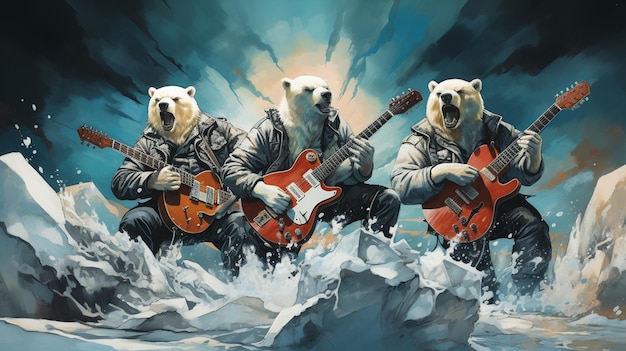 painting of three bears playing guitars in the water with rocks generative ai