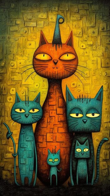 Painting of three cats with a cat hat on their head generative ai