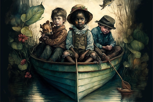 A painting of three children in a boat with a dog on the front.