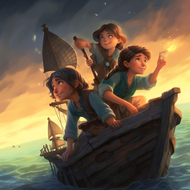 A painting of three children on a boat with the words " the ship " on the bottom.
