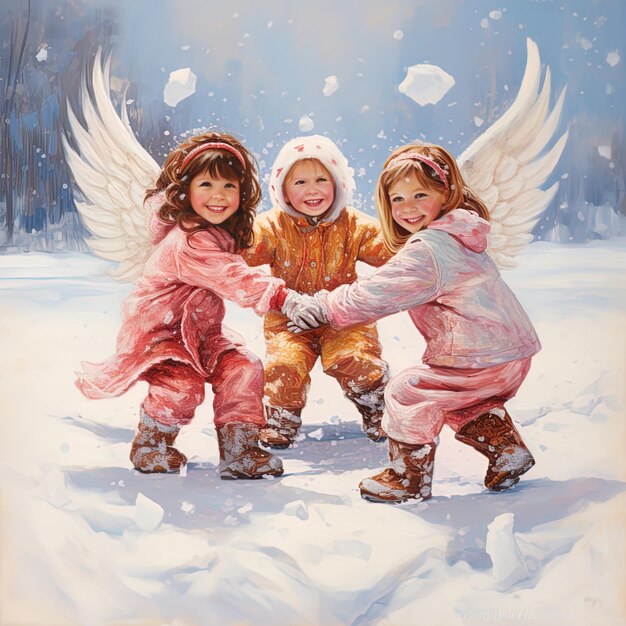 Photo a painting of three children in snow with angel wings