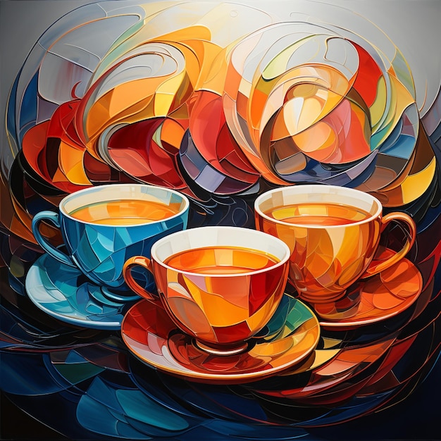 painting of three cups of tea on a plate with a saucer generative ai