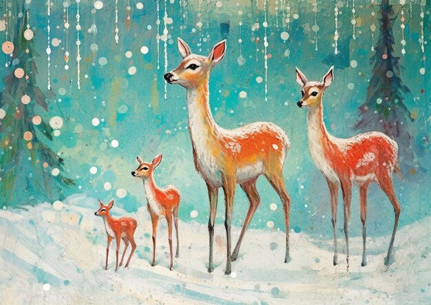 painting of three deer in a snowy forest with trees and snow generative ai