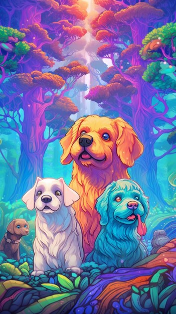 A painting of three dogs in a forest with a bright light shining generative ai