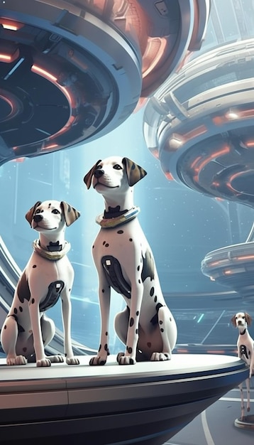 ufo 앞에 세 마리의 개가 있는 그림.