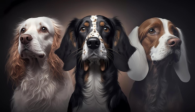 A painting of three dogs with different colors and the words golden retriever.