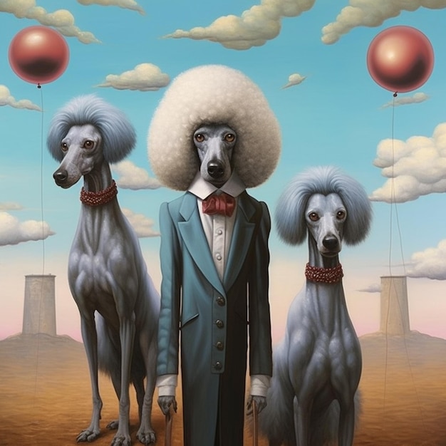 painting of three dogs with wigs and a man in a suit generative ai