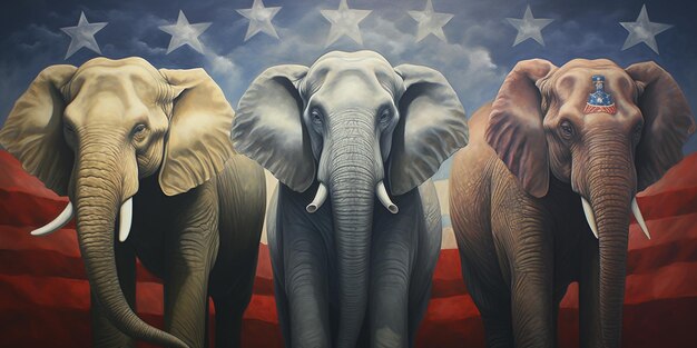 painting of three elephants standing in front of a flag with stars generative ai