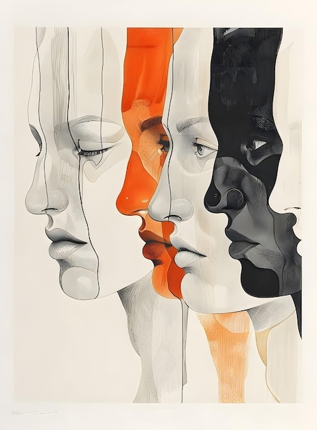 A painting of three faces with various facial features on white background