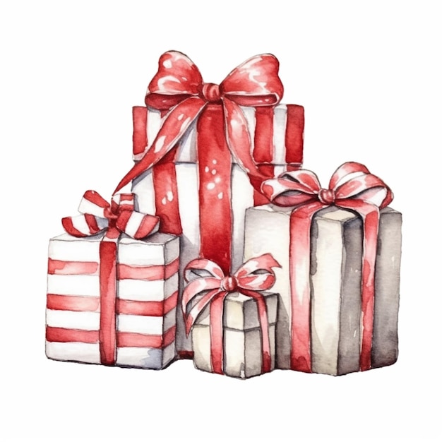 Photo a painting of three gift boxes with red bows and ribbons generative ai