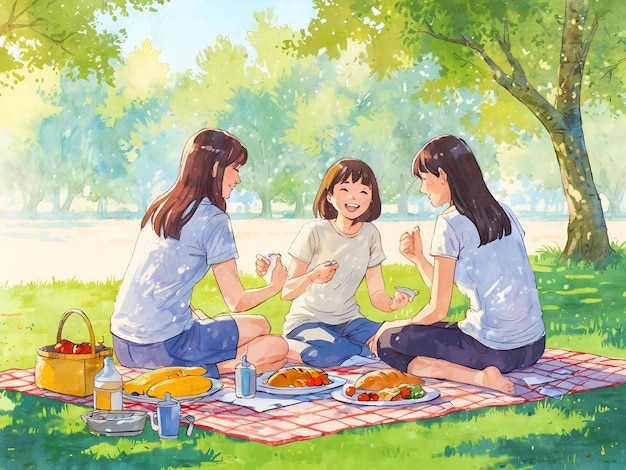 a painting of three girls sitting on a picnic blanket with a tree in the background