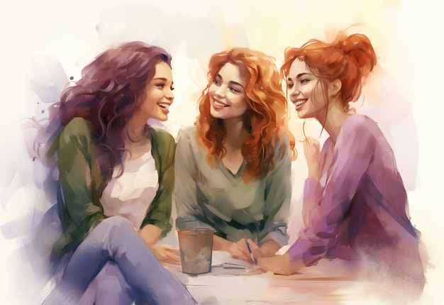 a painting of three girls with a cup of coffee.