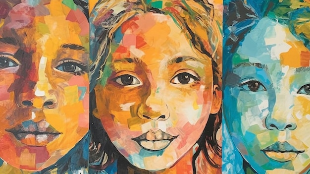 A painting of three girls with different colors and one of them has a blue background.