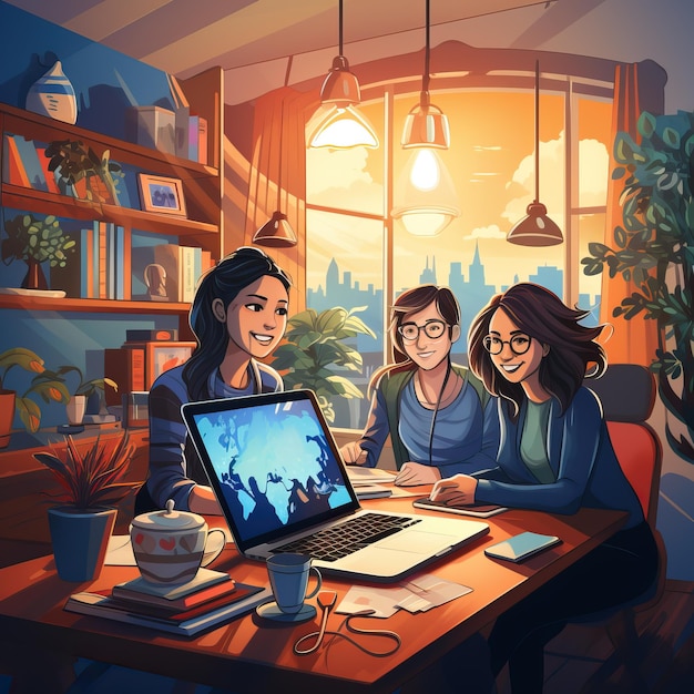 a painting of three girls working on a laptop