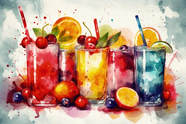 A painting of three glasses of different kinds of drinks generative AI