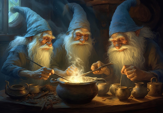 A painting of three gnomes cooking in a dark room