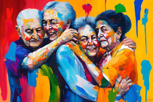 A painting of three grandparent hugging each other