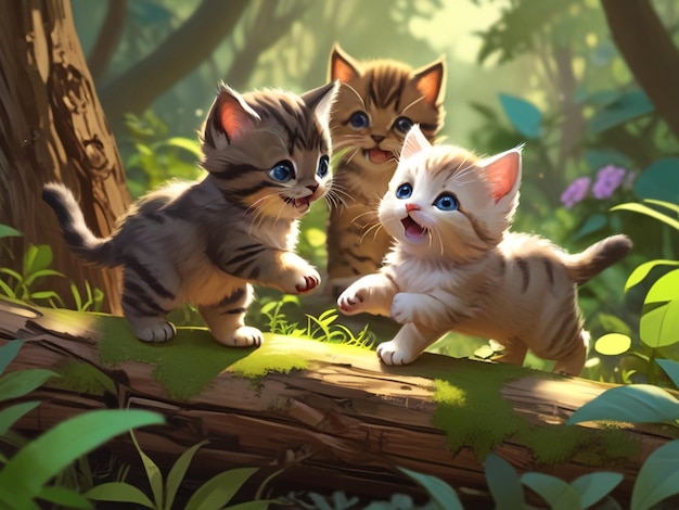 Foto un dipinto di tre gattini che giocano in una foresta