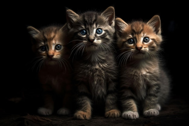 A painting of three kittens with blue eyes.