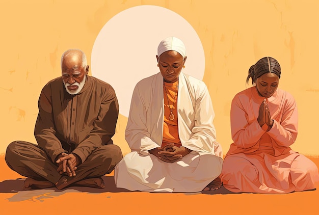 a painting of three men praying with one of them reading the bible