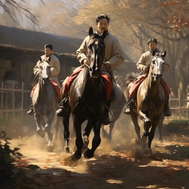 a painting of three men riding horses with a man on the back.