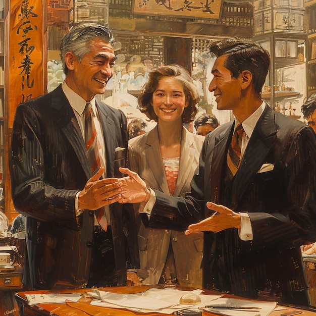 a painting of three men and a woman shaking hands