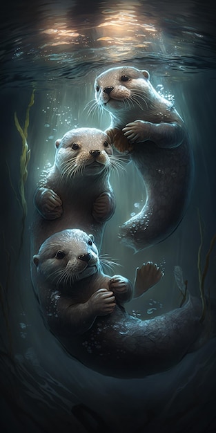 A painting of three otters under the water.