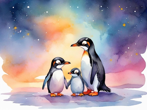 Photo a painting of three penguins with the words quot penguins quot