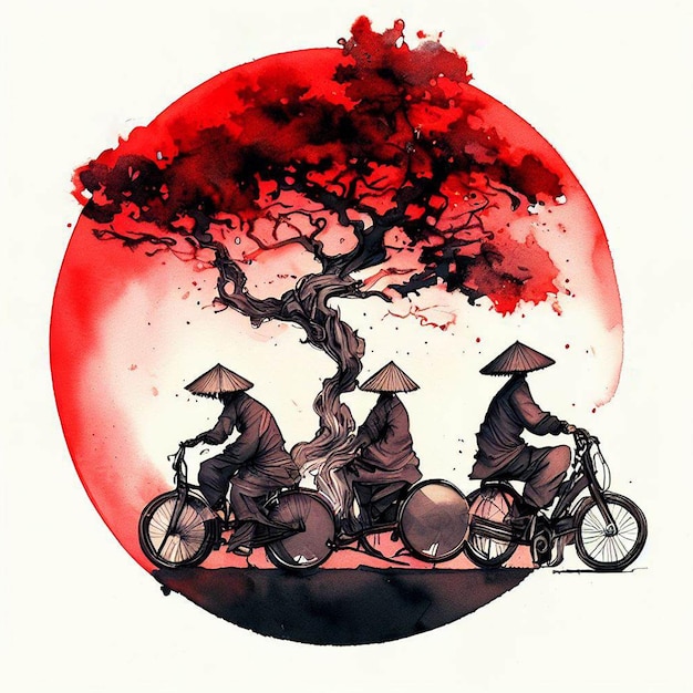 a painting of three people on bicycle under a tree