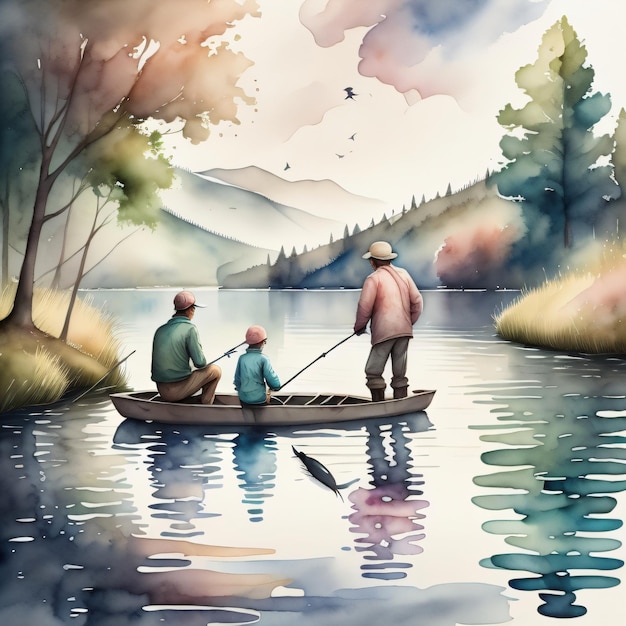 A painting of three people in a boat with a fish on the water.