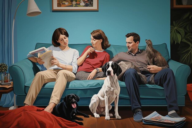 Photo a painting of three people and a dog sitting on a couch