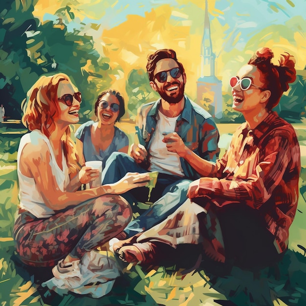 a painting of three people sitting in a park with the word " i'm a. "