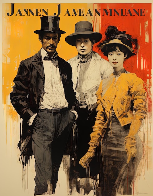 Photo a painting of three people with hats and a woman in a tuxedo